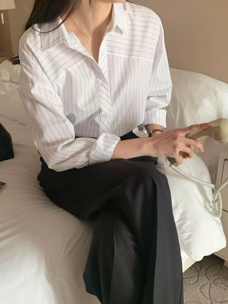 Outrene - Korean Women Fashion - #momslook - Stripe Open Shirt - 4