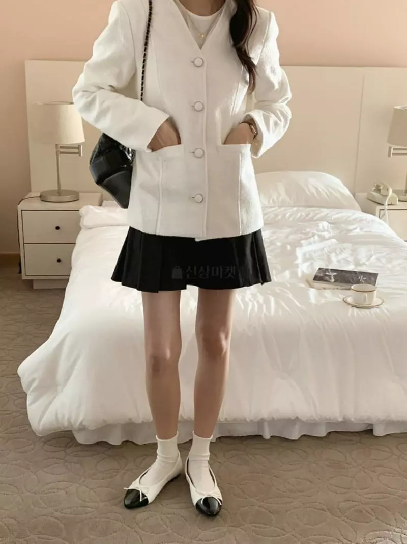 Outrene - Korean Women Fashion - #momslook - No Collar Tweed Jacket - 4