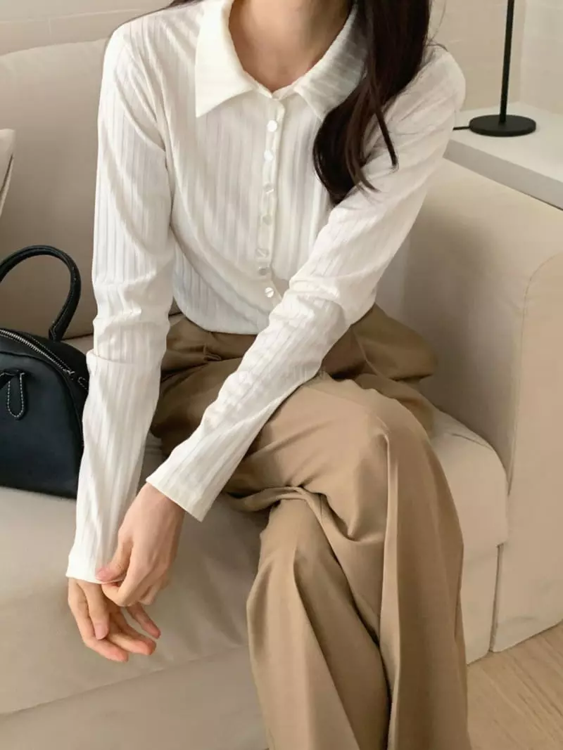 Outrene - Korean Women Fashion - #womensfashion - Collar Rib Tee - 2