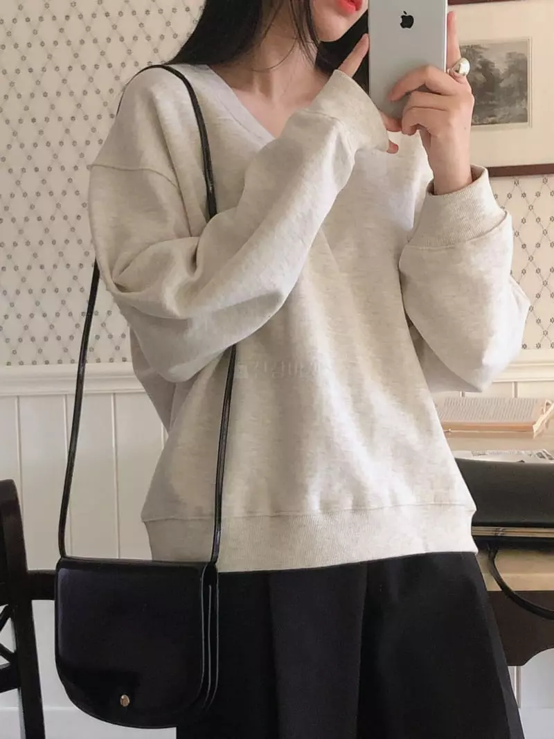 Overclassic - Korean Women Fashion - #momslook - V-neck Sweatshirt