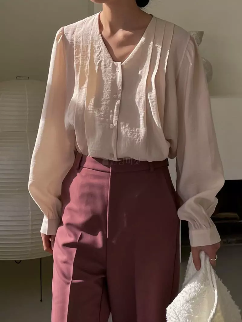 Plat - Korean Women Fashion - #momslook - Berry Pintuck Blouse