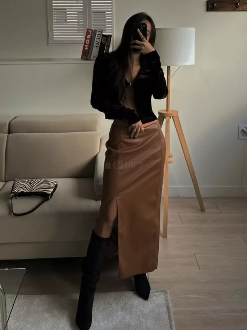 Remood - Korean Women Fashion - #momslook - Leather Long Skirt - 3