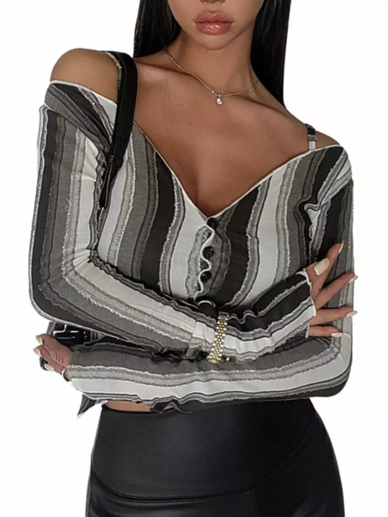 Remood - Korean Women Fashion - #womensfashion - Stripe Off-shoulder Boat Neck Open Cardigan - 4