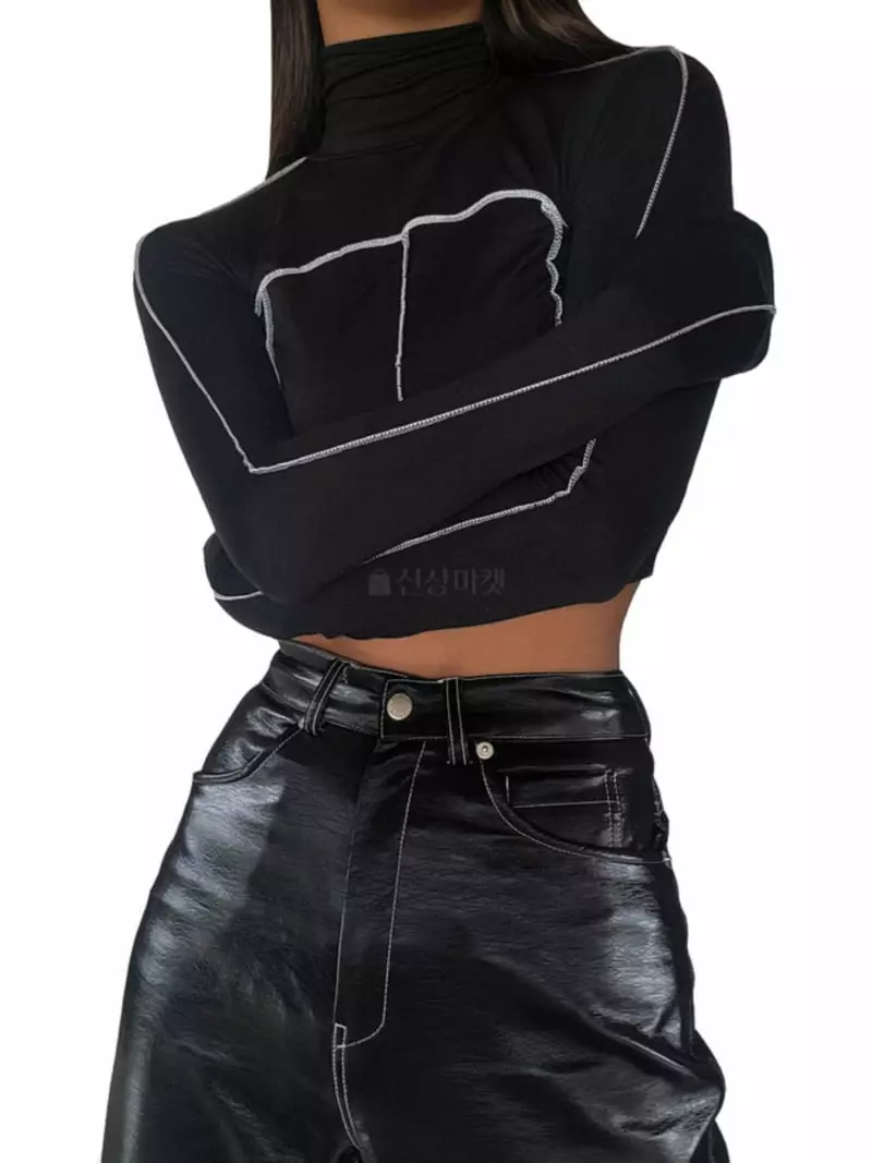 Remood - Korean Women Fashion - #momslook - Stitch Turtleneck Crop Tee - 3