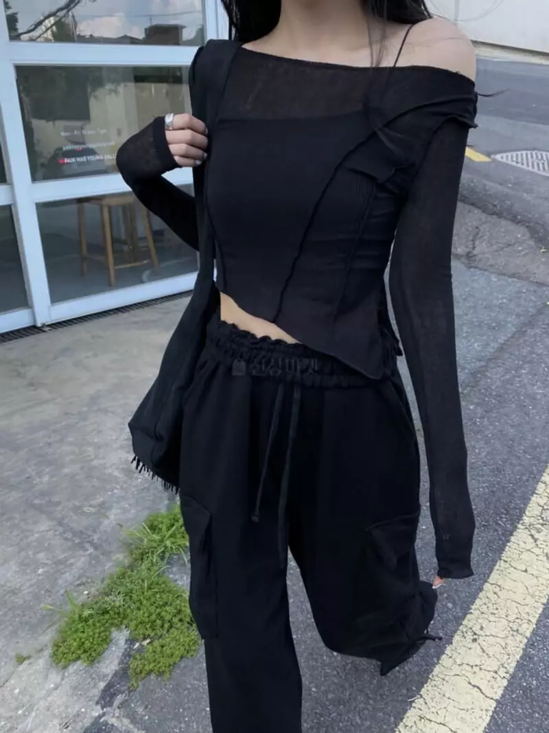 Remood - Korean Women Fashion - #momslook - See-through Crop Off-shoulder Boat Neck Knit Tee - 2