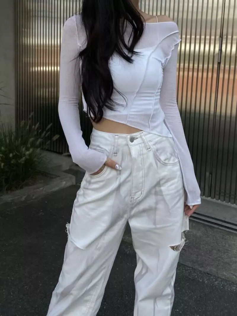 Remood - Korean Women Fashion - #womensfashion - See-through Crop Off-shoulder Boat Neck Knit Tee - 4