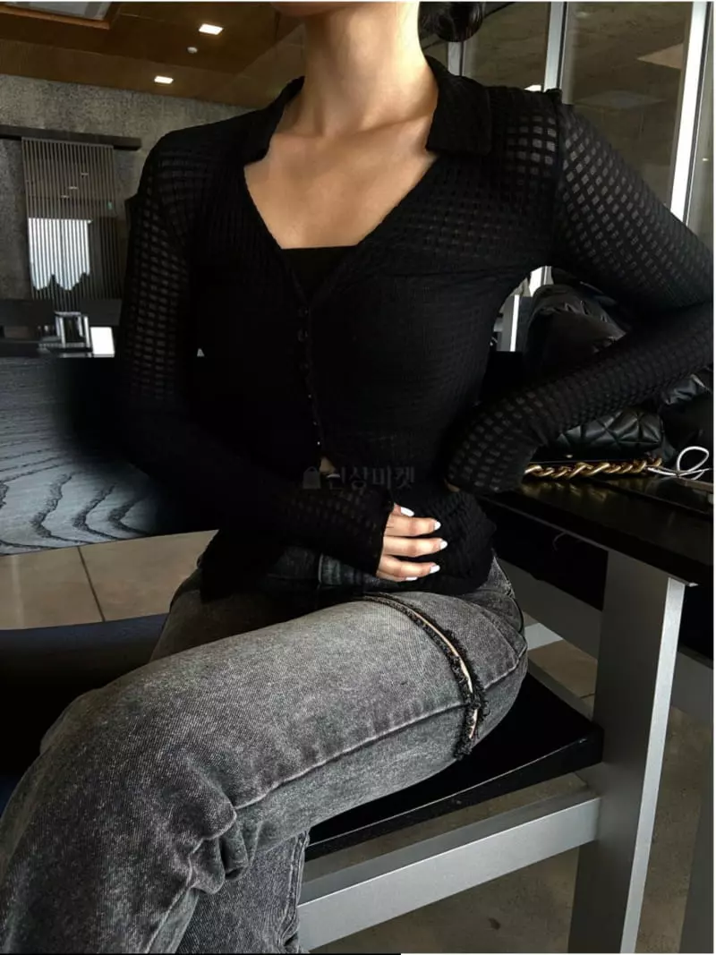 Remood - Korean Women Fashion - #womensfashion - Checker Collar V-neck Cardigan - 4