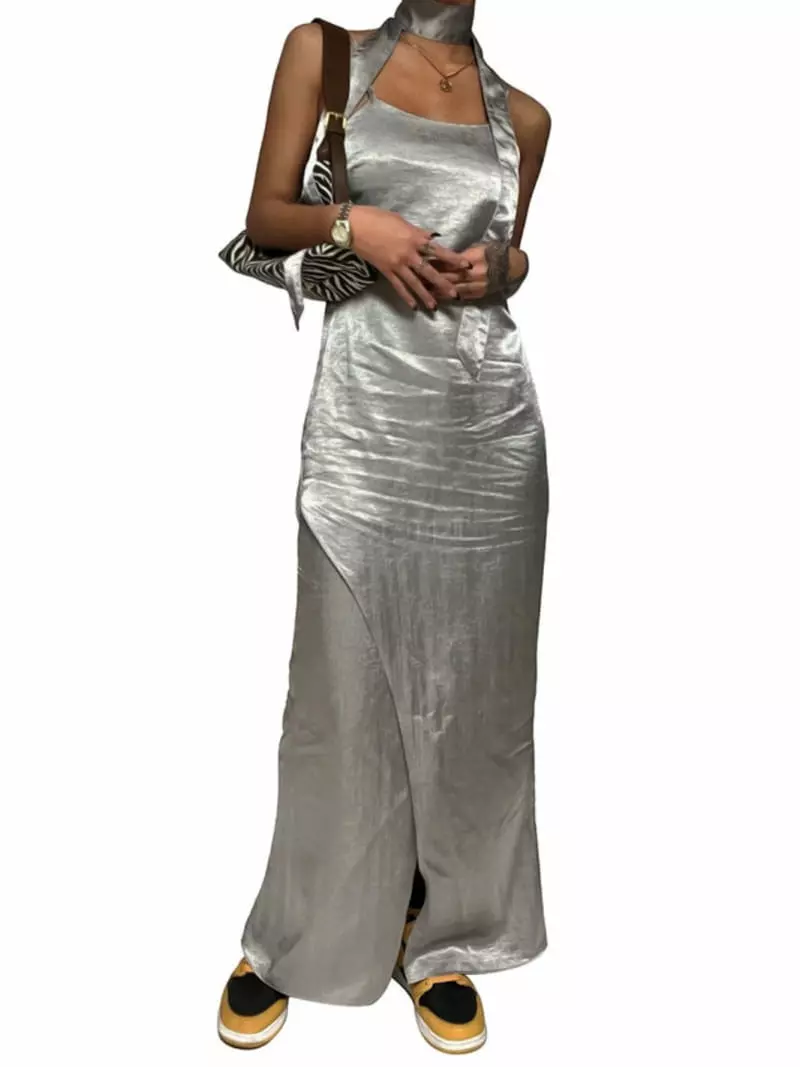 Remood - Korean Women Fashion - #momslook - Tie Long Scarf Open Back One-piece - 4