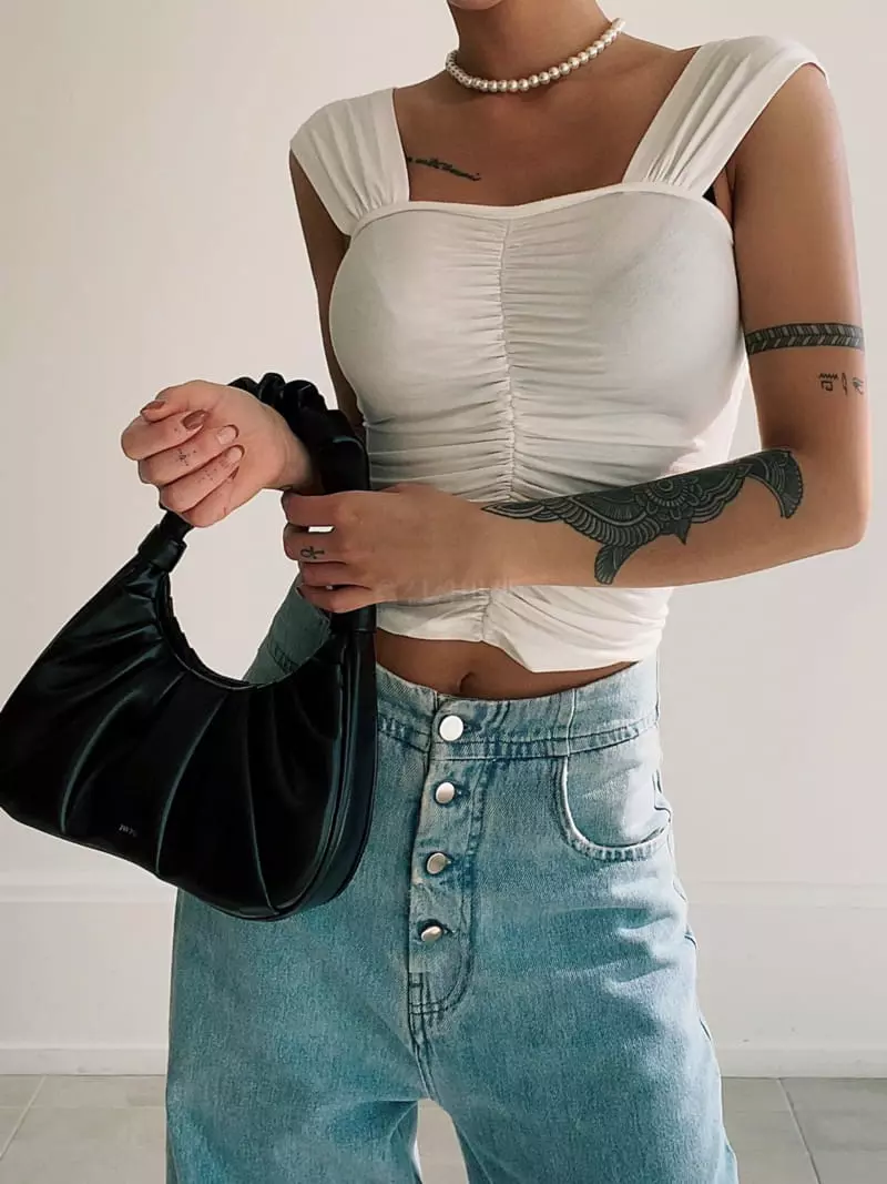 Remood - Korean Women Fashion - #momslook - Feminine Off-shoulder Shirring Sleeveless Tee