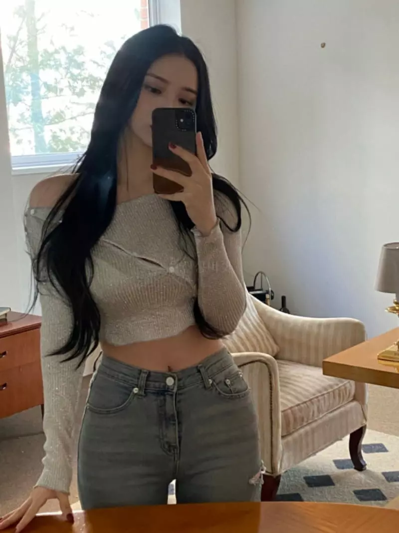 Remood - Korean Women Fashion - #womensfashion - Pearl Crop Off-Shoulder Boat Neck Diagonal Knit Tee - 4
