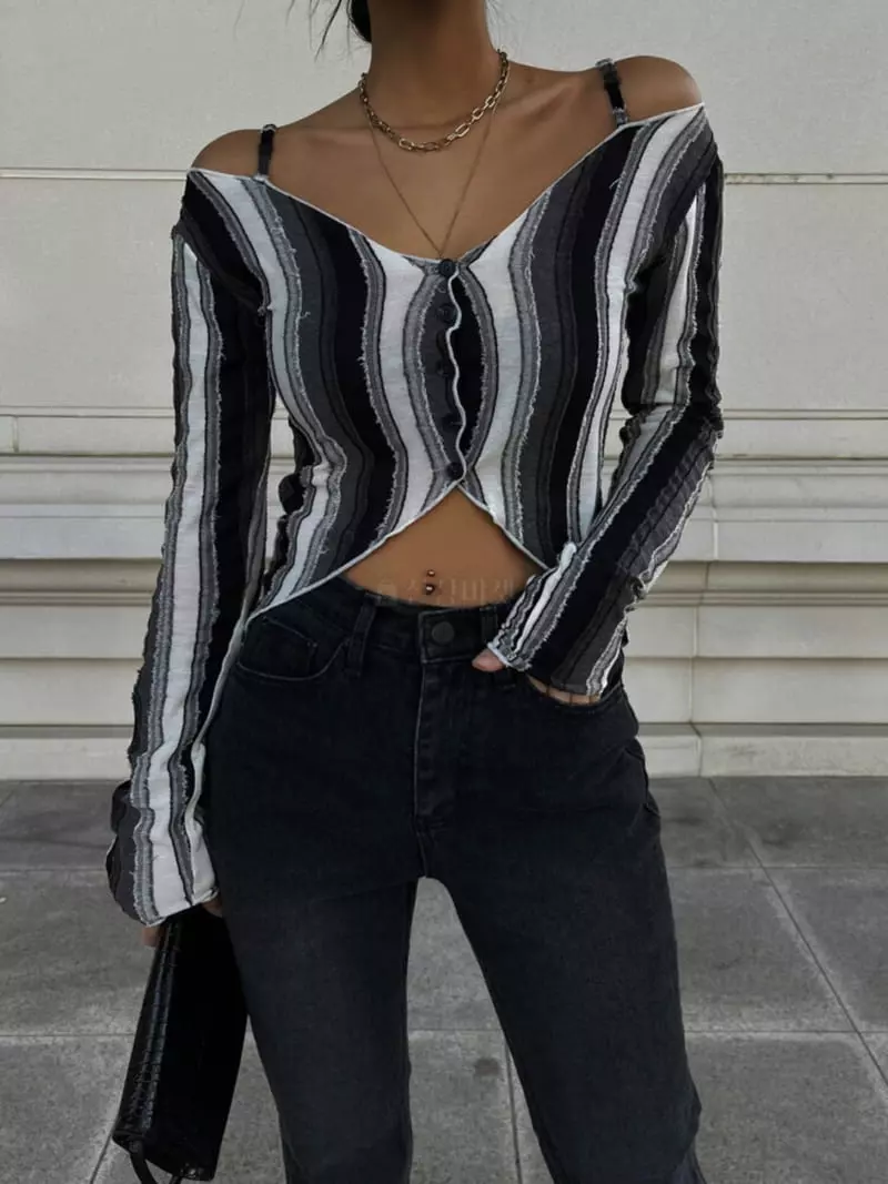 Remood - Korean Women Fashion - #womensfashion - Stripe Off-shoulder Boat Neck Open Cardigan