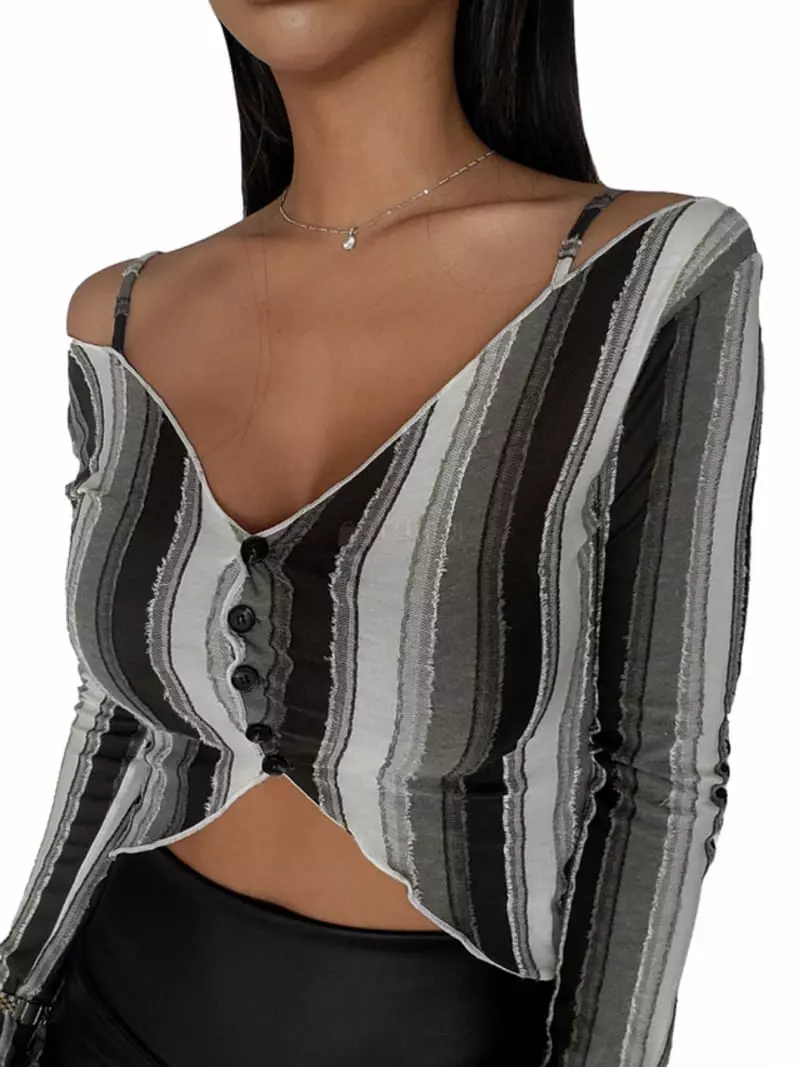 Remood - Korean Women Fashion - #womensfashion - Stripe Off-shoulder Boat Neck Open Cardigan - 3