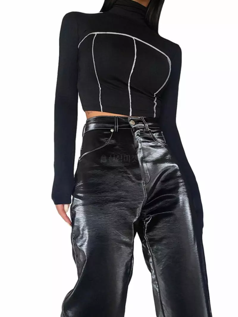 Remood - Korean Women Fashion - #womensfashion - Stitch Turtleneck Crop Tee - 2