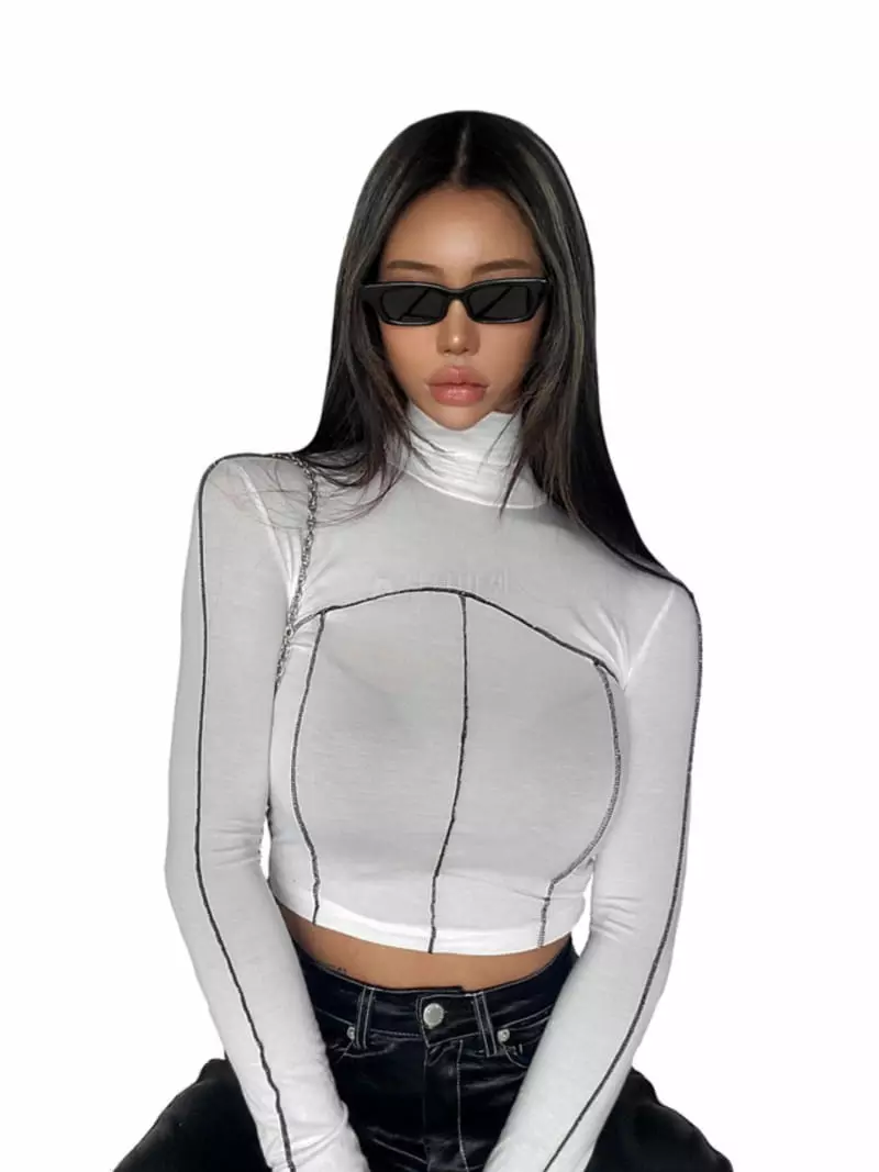 Remood - Korean Women Fashion - #momslook - Stitch Turtleneck Crop Tee - 4