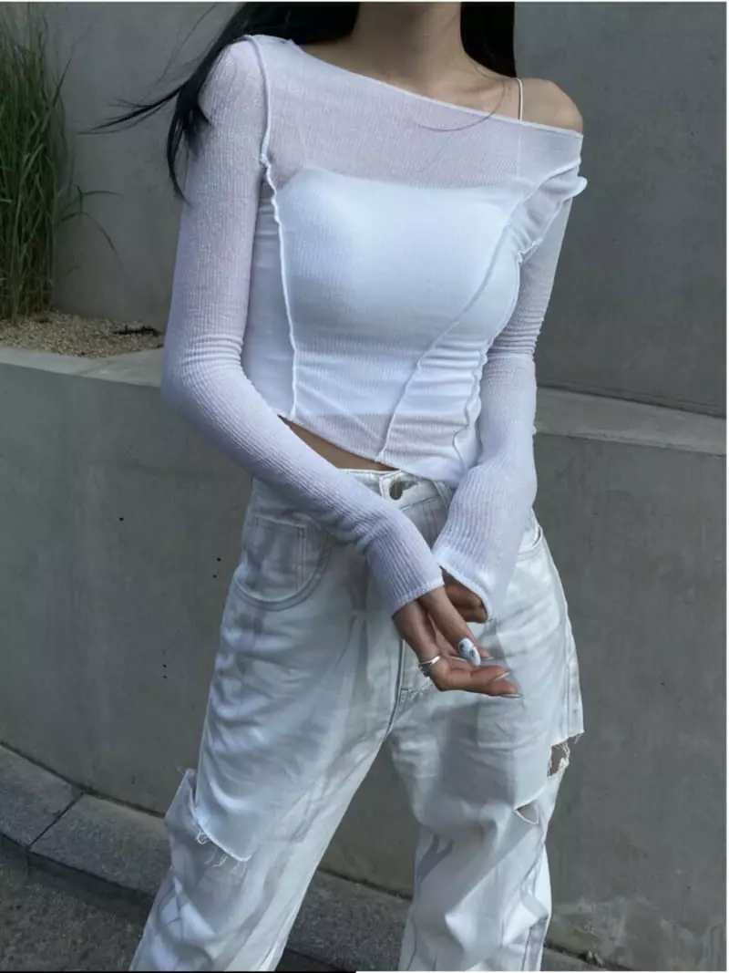 Remood - Korean Women Fashion - #womensfashion - See-through Crop Off-shoulder Boat Neck Knit Tee - 3