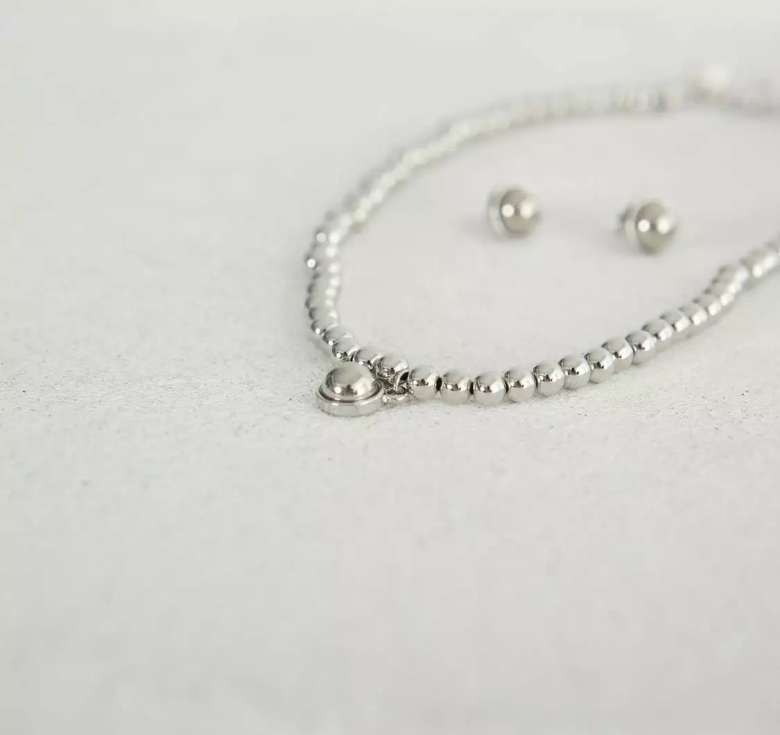 Silver - Korean Women Fashion - #momslook - Pendant Bead Choker set - 4