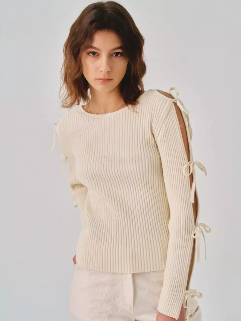 Sllow - Korean Women Fashion - #momslook - Ribbon Strap Slit Knit Tee