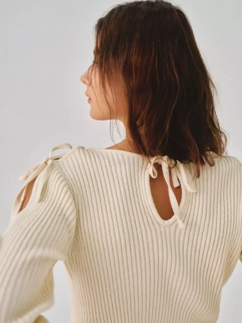 Sllow - Korean Women Fashion - #momslook - Ribbon Strap Slit Knit Tee - 4