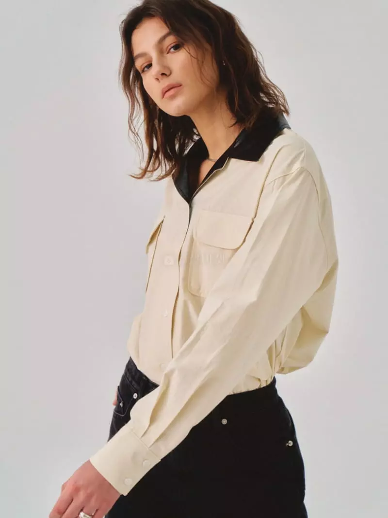 Sllow - Korean Women Fashion - #vintageinspired - Leather Block Open Shirt - 3
