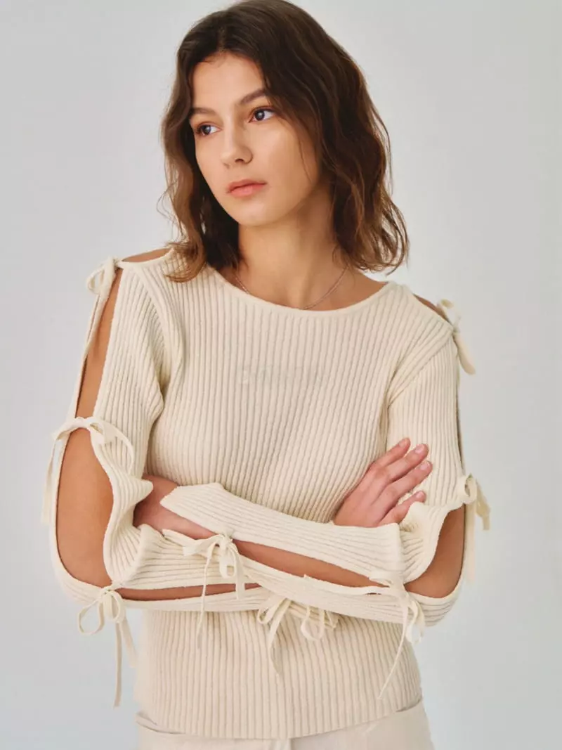 Sllow - Korean Women Fashion - #womensfashion - Ribbon Strap Slit Knit Tee - 2