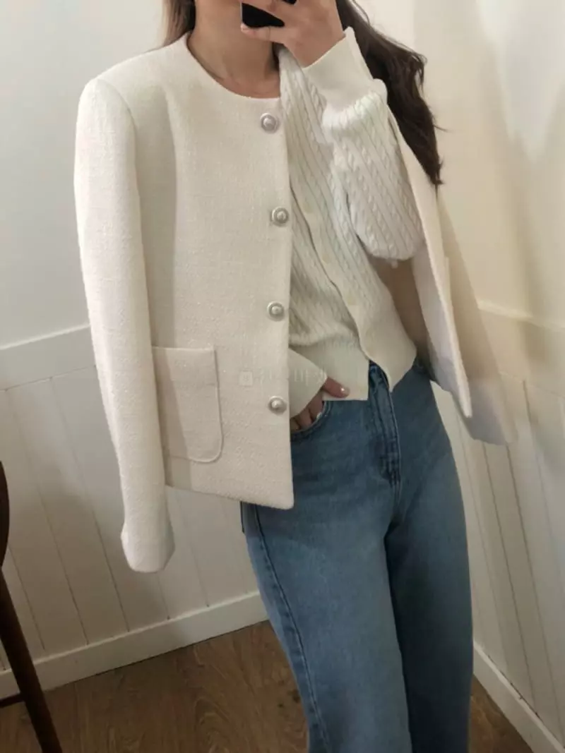 Sono De Seoul - Korean Women Fashion - #restrostyle - No Collar Tweed Jacket - 2