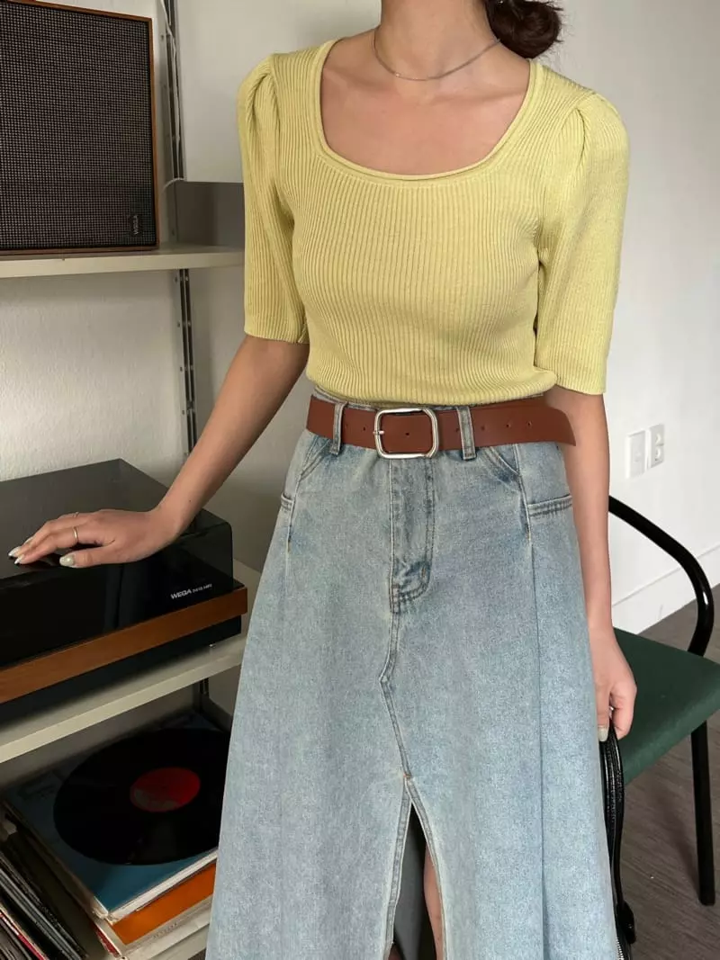Ssemienne - Korean Women Fashion - #momslook - Square Neck Rib Knit Tee - 3
