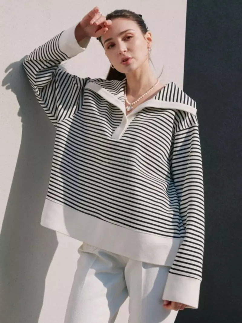 Theany - Korean Women Fashion - #pursuepretty - Stand Collar Stripe Tee