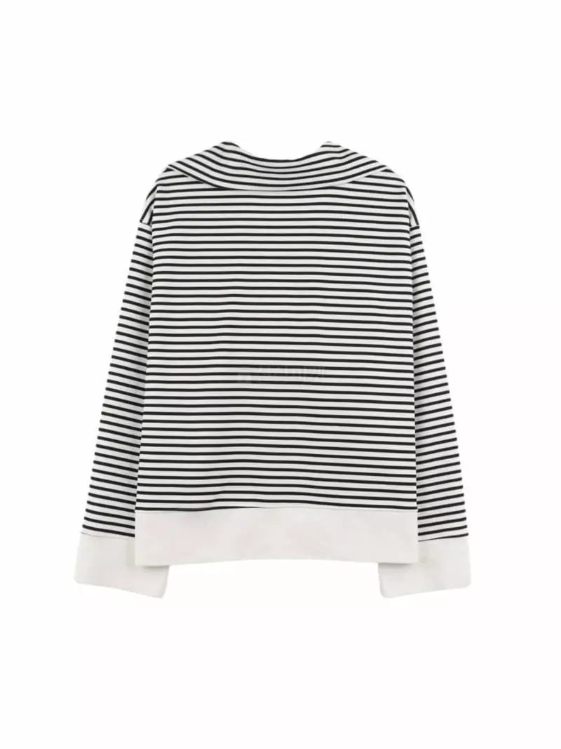 Theany - Korean Women Fashion - #restrostyle - Stand Collar Stripe Tee - 2