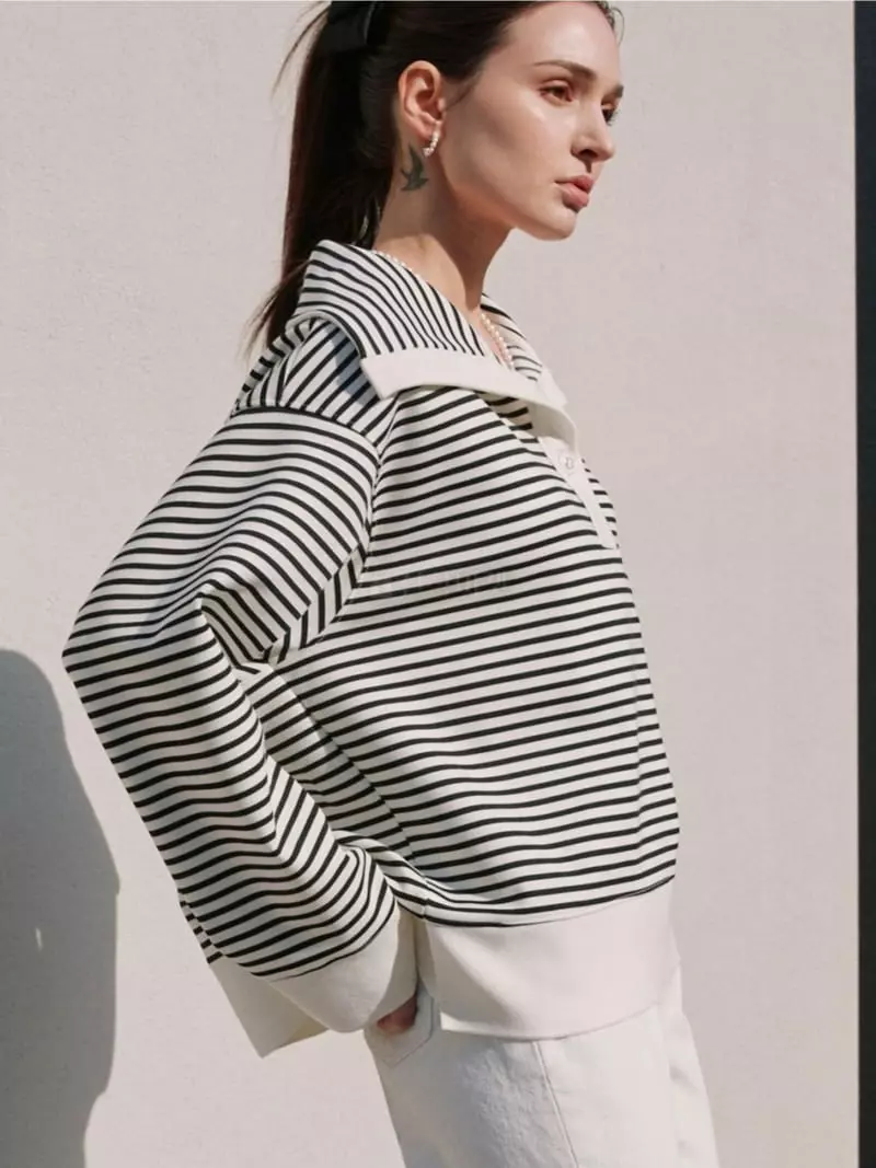 Theany - Korean Women Fashion - #romanticstyle - Stand Collar Stripe Tee - 3