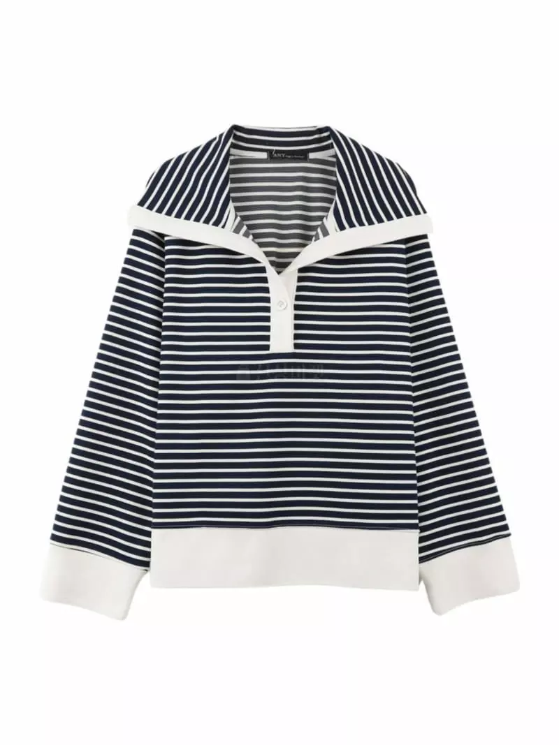Theany - Korean Women Fashion - #romanticstyle - Stand Collar Stripe Tee - 4