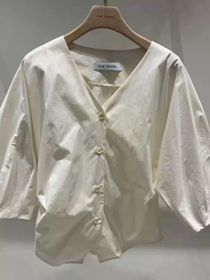 Thecamel - Korean Women Fashion - #shopsmall - V-Tuck Blouse - 3