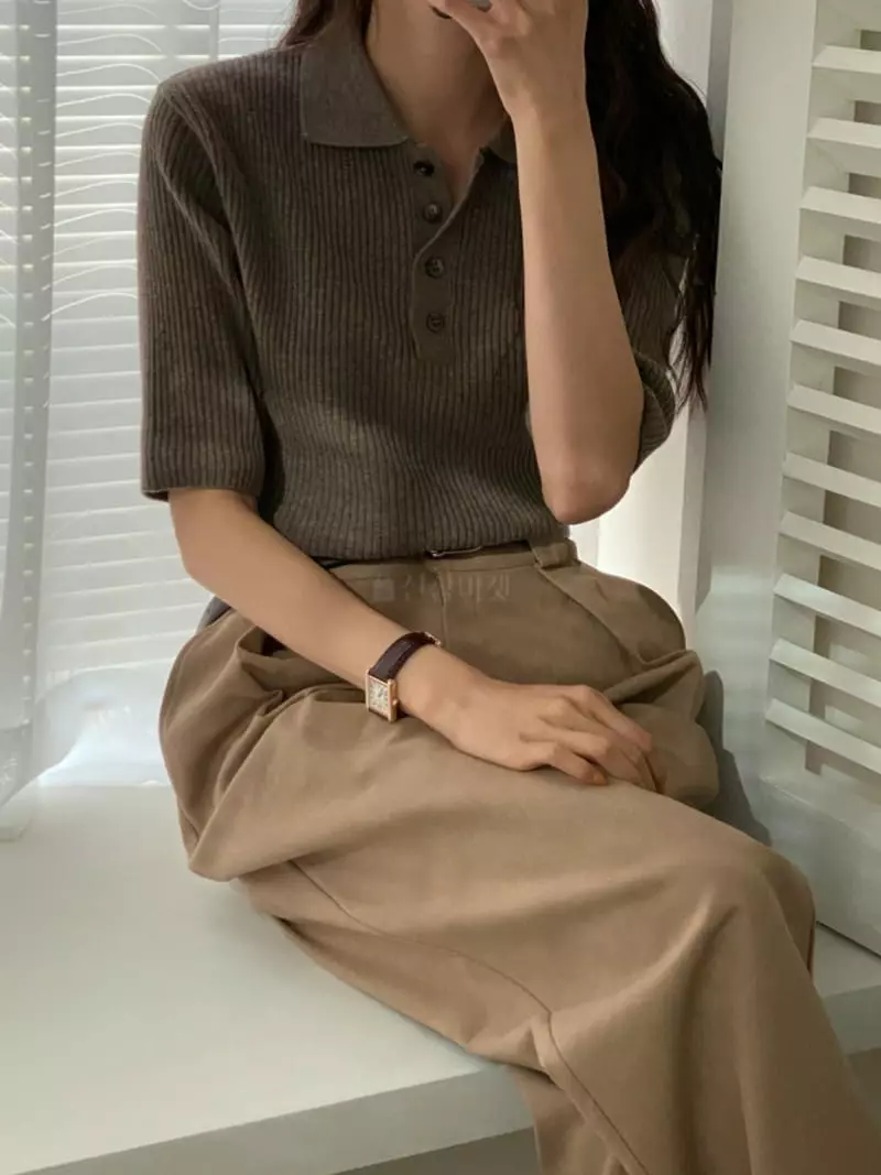 Tizzi - Korean Women Fashion - #momslook - Collar Knit Tee