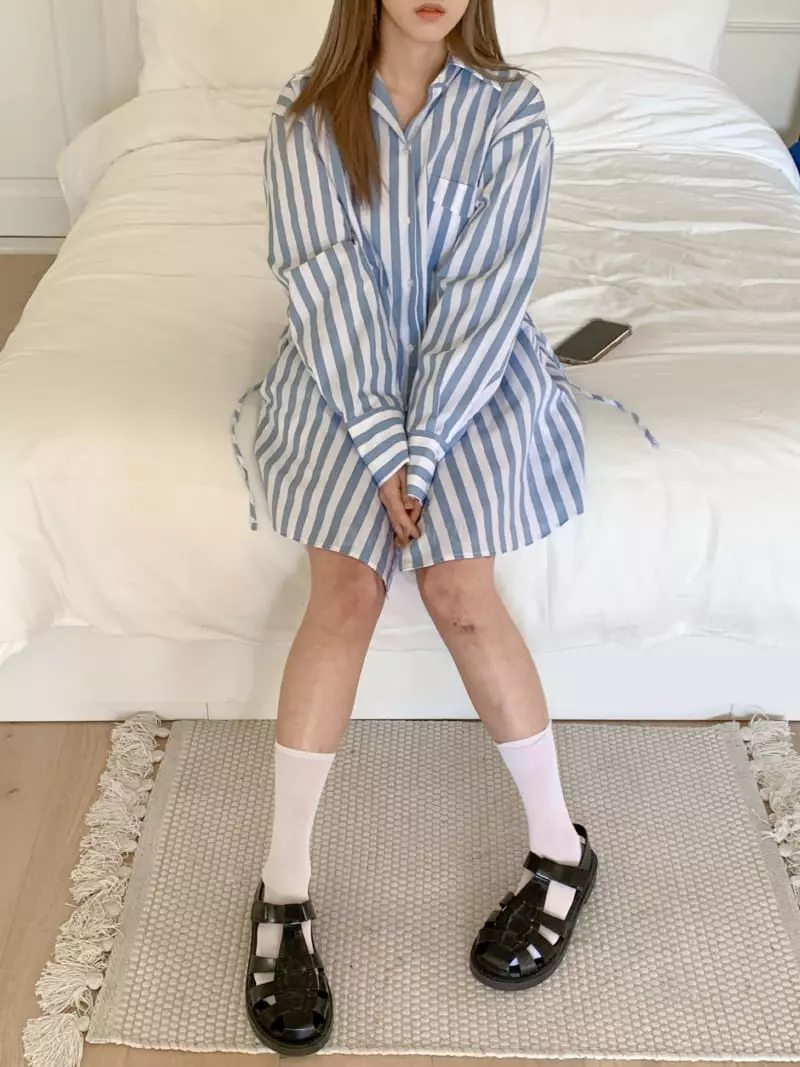 Vaara - Korean Women Fashion - #romanticstyle - Stripe Shirt One-piece