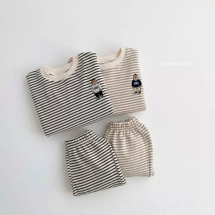 Vivid I - Korean Children Fashion - #childofig - Stripes Bear Embroidery Top Bottom Set