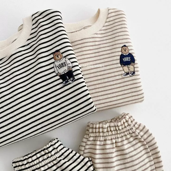 Vivid I - Korean Children Fashion - #childofig - Stripes Bear Embroidery Top Bottom Set - 2