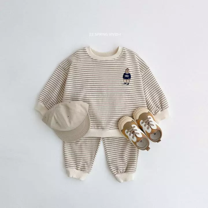 Vivid I - Korean Children Fashion - #childrensboutique - Stripes Bear Embroidery Top Bottom Set - 3