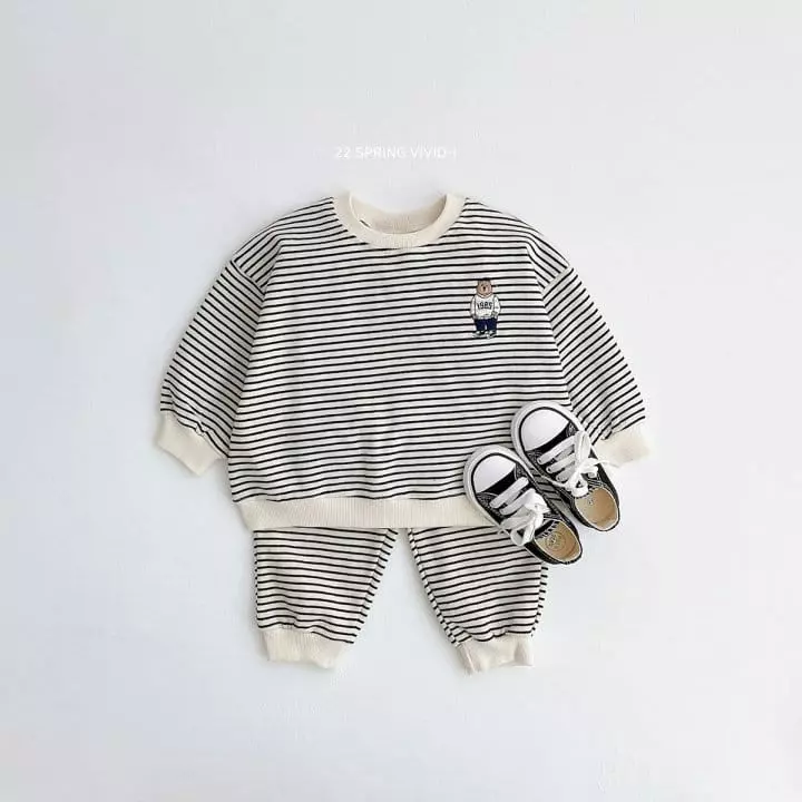 Vivid I - Korean Children Fashion - #childrensboutique - Stripes Bear Embroidery Top Bottom Set - 4
