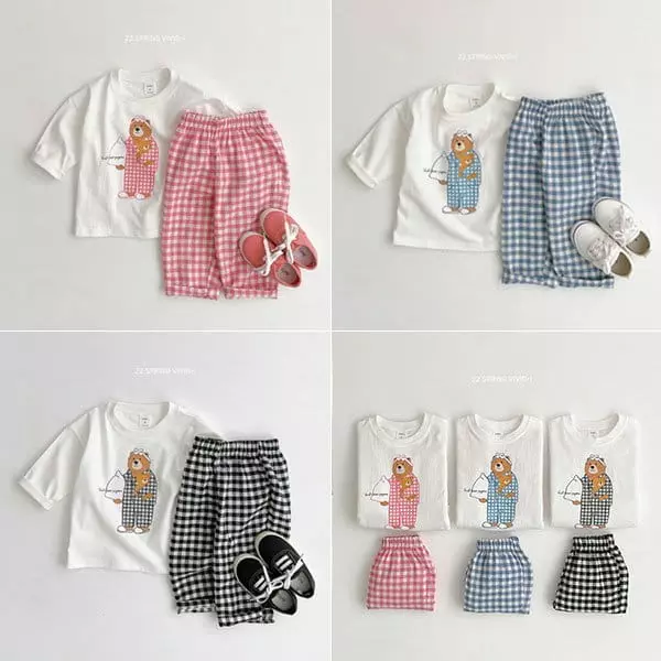Vivid I - Korean Children Fashion - #designkidswear - Bear Check Top Bottom Set - 2