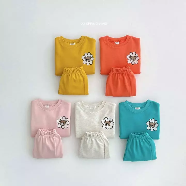 Vivid I - Korean Children Fashion - #designkidswear - Bear Embroidery Top Bottom Set