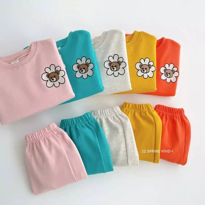 Vivid I - Korean Children Fashion - #fashionkids - Bear Embroidery Top Bottom Set - 3