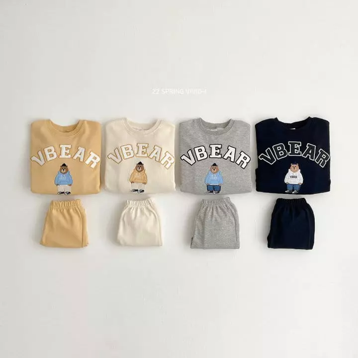 Vivid I - Korean Children Fashion - #fashionkids - V Bear Embroidery Top Bottom Set - 2