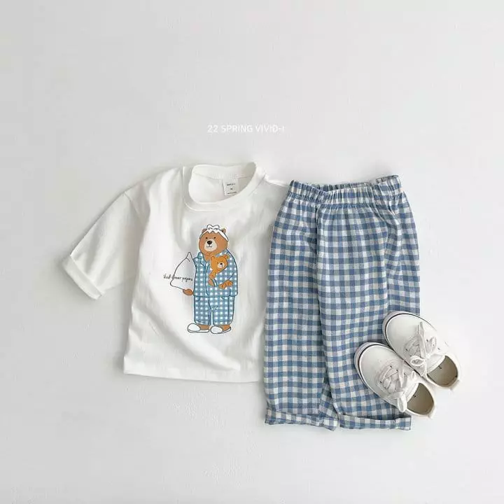 Vivid I - Korean Children Fashion - #kidsshorts - Bear Check Top Bottom Set - 5