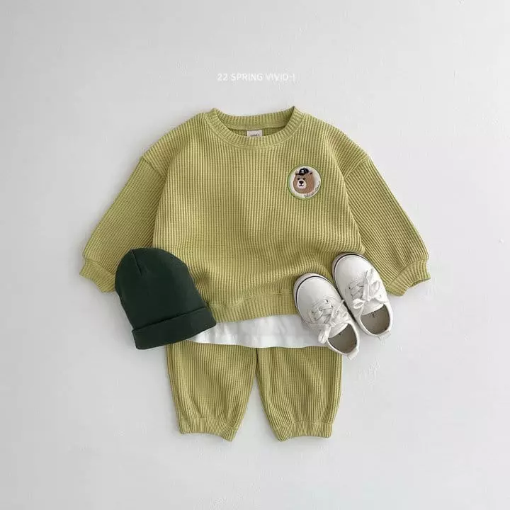 Vivid I - Korean Children Fashion - #kidzfashiontrend - Wapen Waffle Top Bottom Set - 2