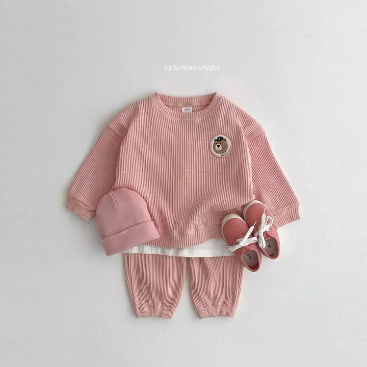 Vivid I - Korean Children Fashion - #Kfashion4kids - Wapen Waffle Top Bottom Set - 4