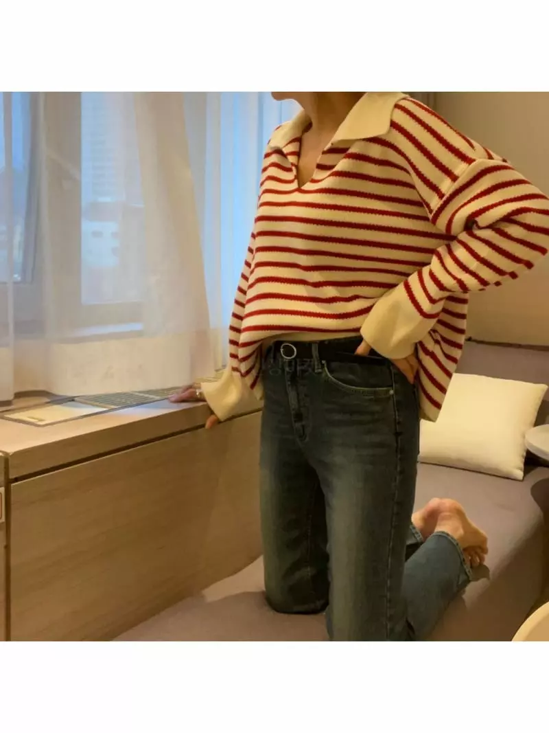 All Vibe - Korean Women Fashion - #momslook - Stripes Collar Knit Tee - 2