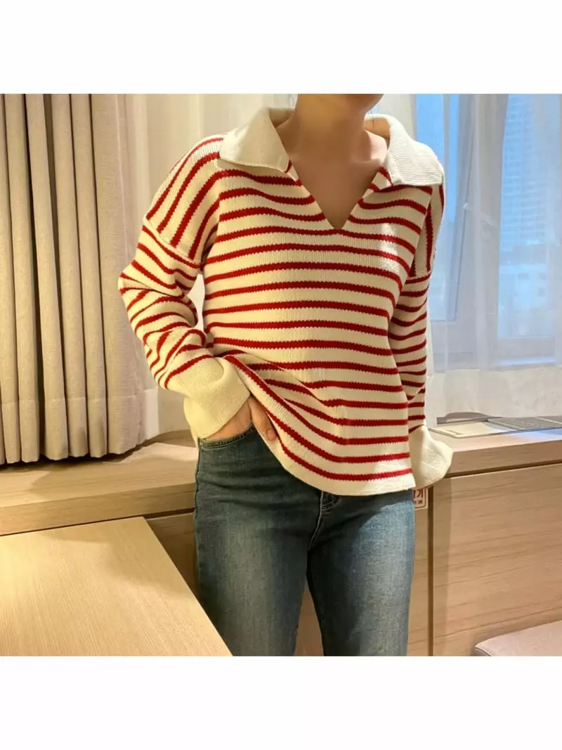 All Vibe - Korean Women Fashion - #restrostyle - Stripes Collar Knit Tee - 7