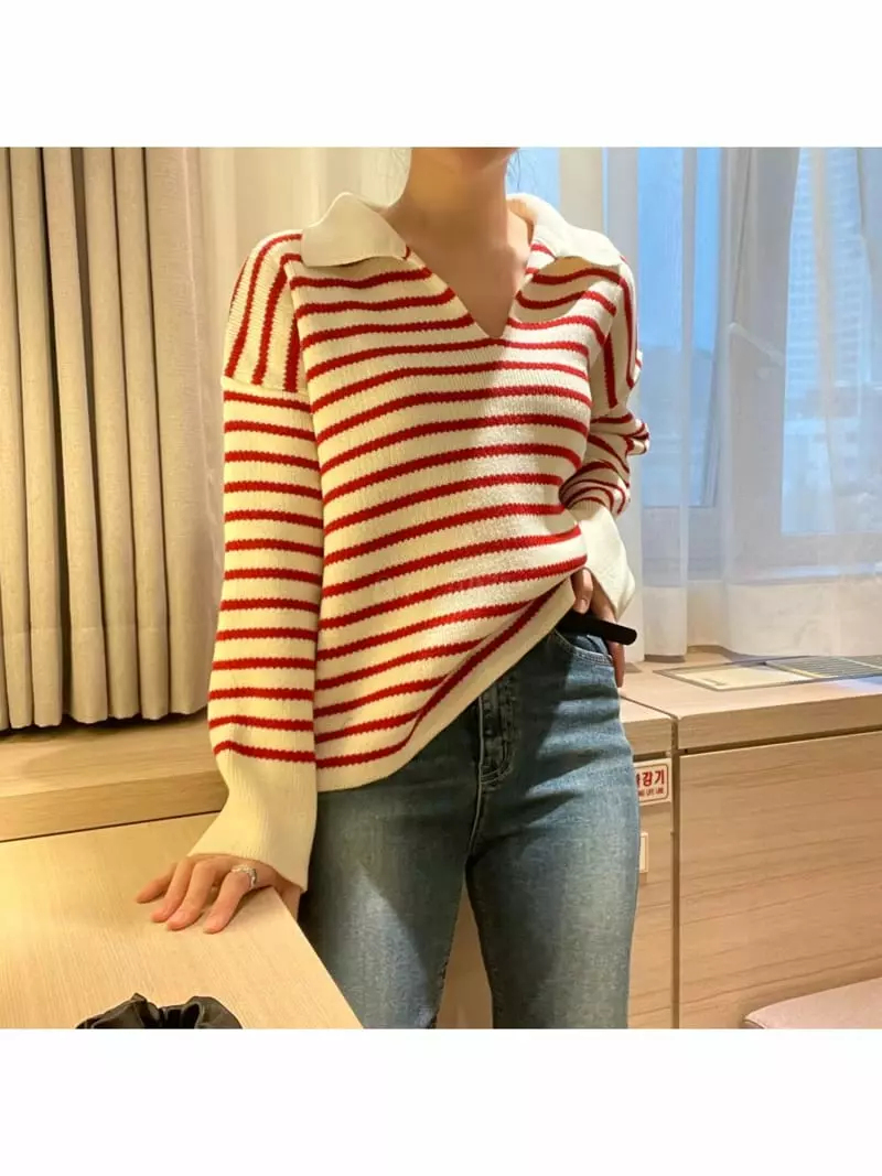 All Vibe - Korean Women Fashion - #womensfashion - Stripes Collar Knit Tee - 4