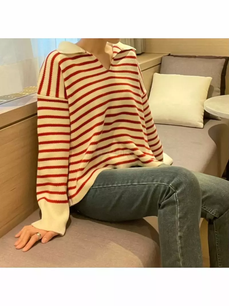 All Vibe - Korean Women Fashion - #womensfashion - Stripes Collar Knit Tee - 3