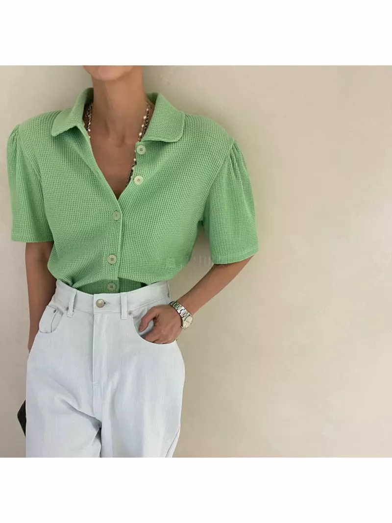 Auver_Fit - Korean Women Fashion - #momslook - Waffle Collar Short Sleeves Tee - 3