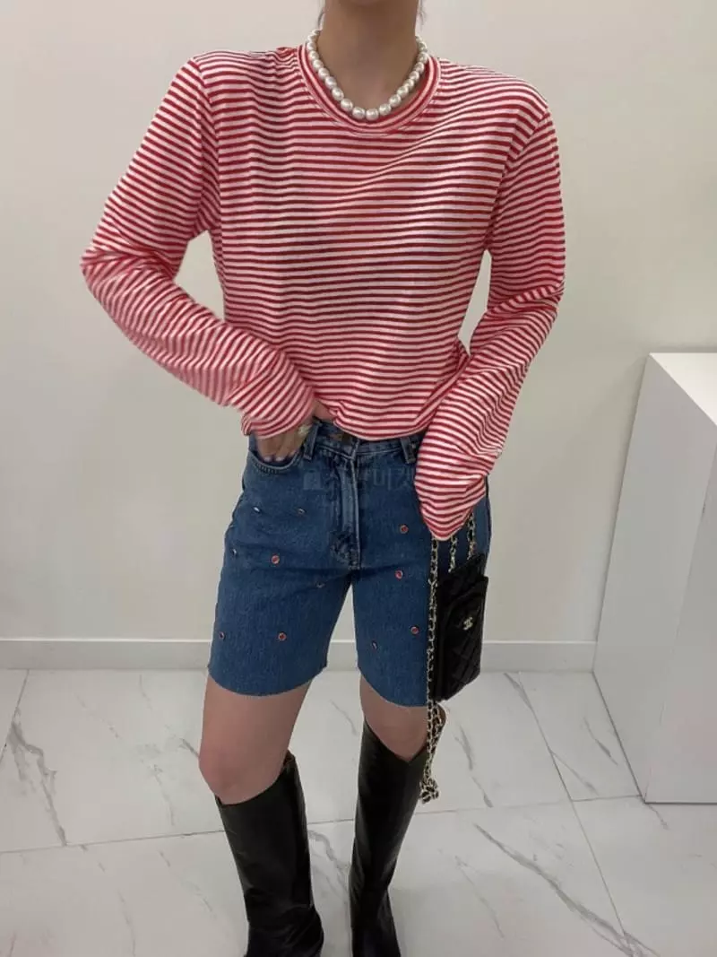 Auver_Fit - Korean Women Fashion - #momslook - Stripes Piping Tee - 3